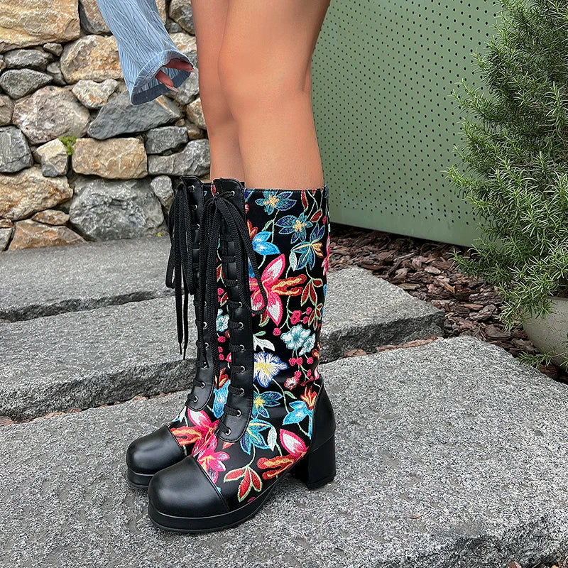 Cross Lace Up Printing Fashion Sweet Women's Knee Length Boots Embroidered Flower Thick Heel Waterproof Platform Winter Boots