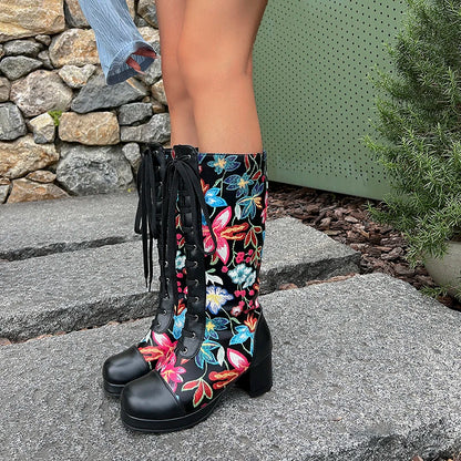 Cross Lace Up Printing Fashion Sweet Women's Knee Length Boots Embroidered Flower Thick Heel Waterproof Platform Winter Boots