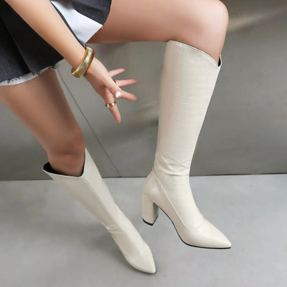 Stone Striped Pointed Toe Super High Thick Heels Sexy Knee High Boots Breathable Inner Lining Zippered Women's Riding Boots