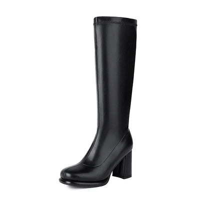 Plus Size Round Toe Platform Ultra-High Thick Heel Sewing Slip-On Women's Knee High Boots Concise Style Knight Boots