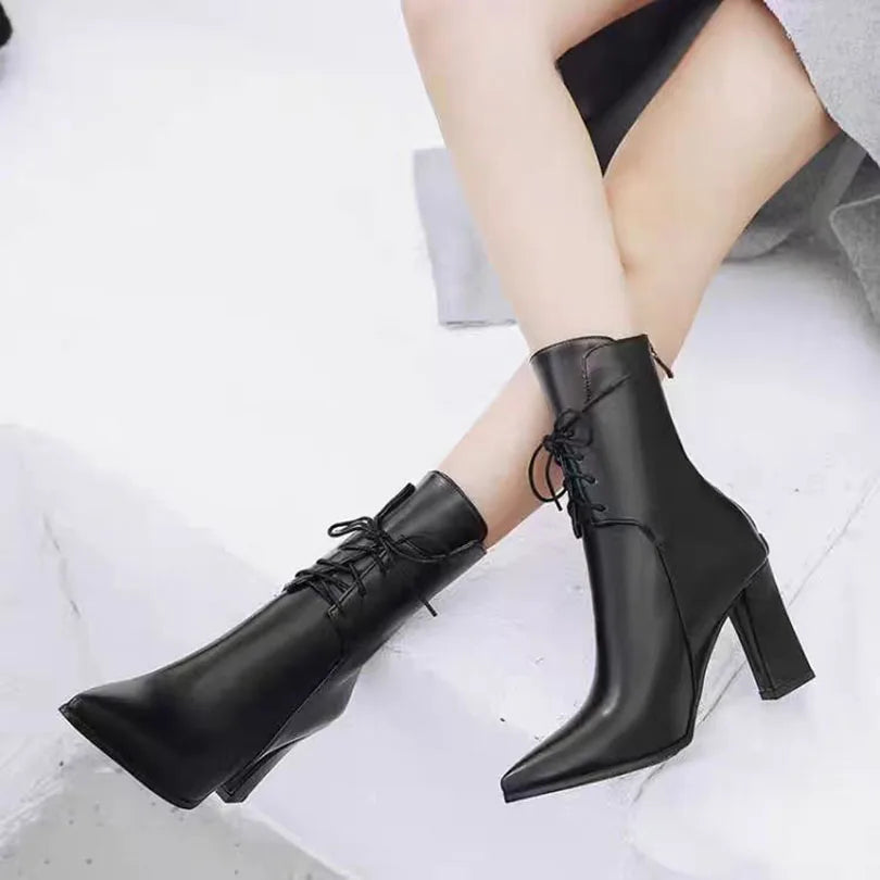 Plus Size Pointed High Thick Heel Lace Up Women's Mid Length Boots With Short Plush Lining Concise Style Winter New Boots