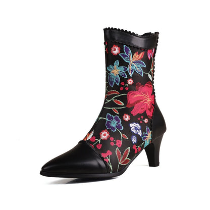 Plus Size Ruffle Edge Embroidered Flower Pointed Cat Heel Mid-calf Boots Printed Back Zipper Ethnic Style Autumn Winter New Boot