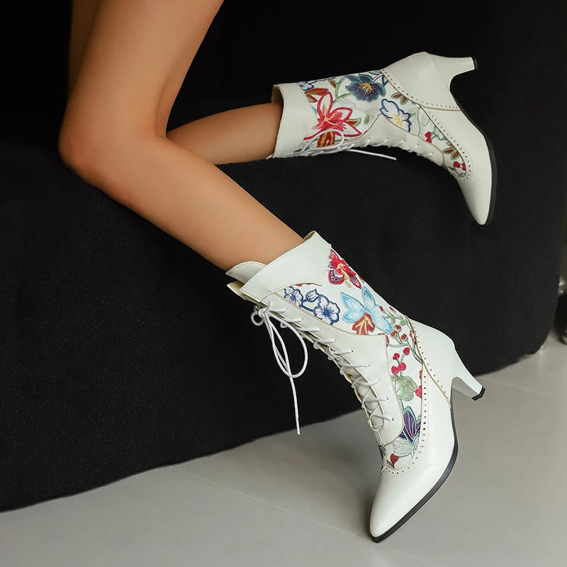 Plus Size Pointed Kitten Heel Printed Women's Mid-Calf Boots Embroidered With Flower Ties Short Plush Lining Ethnic Style Boots