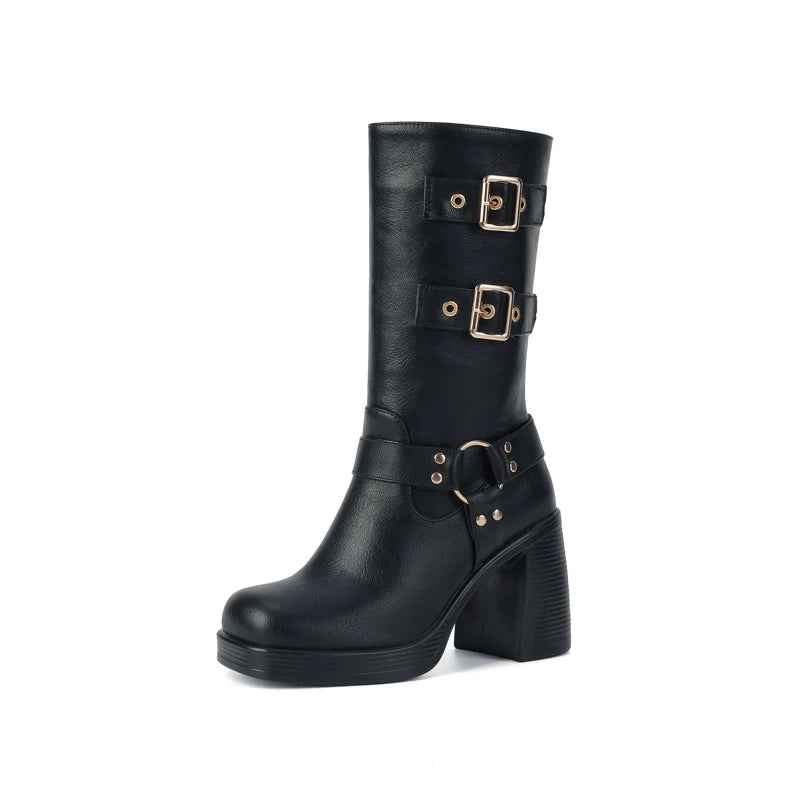 Women's Mid-Calf Boots Square Toe Super High Thick Heel