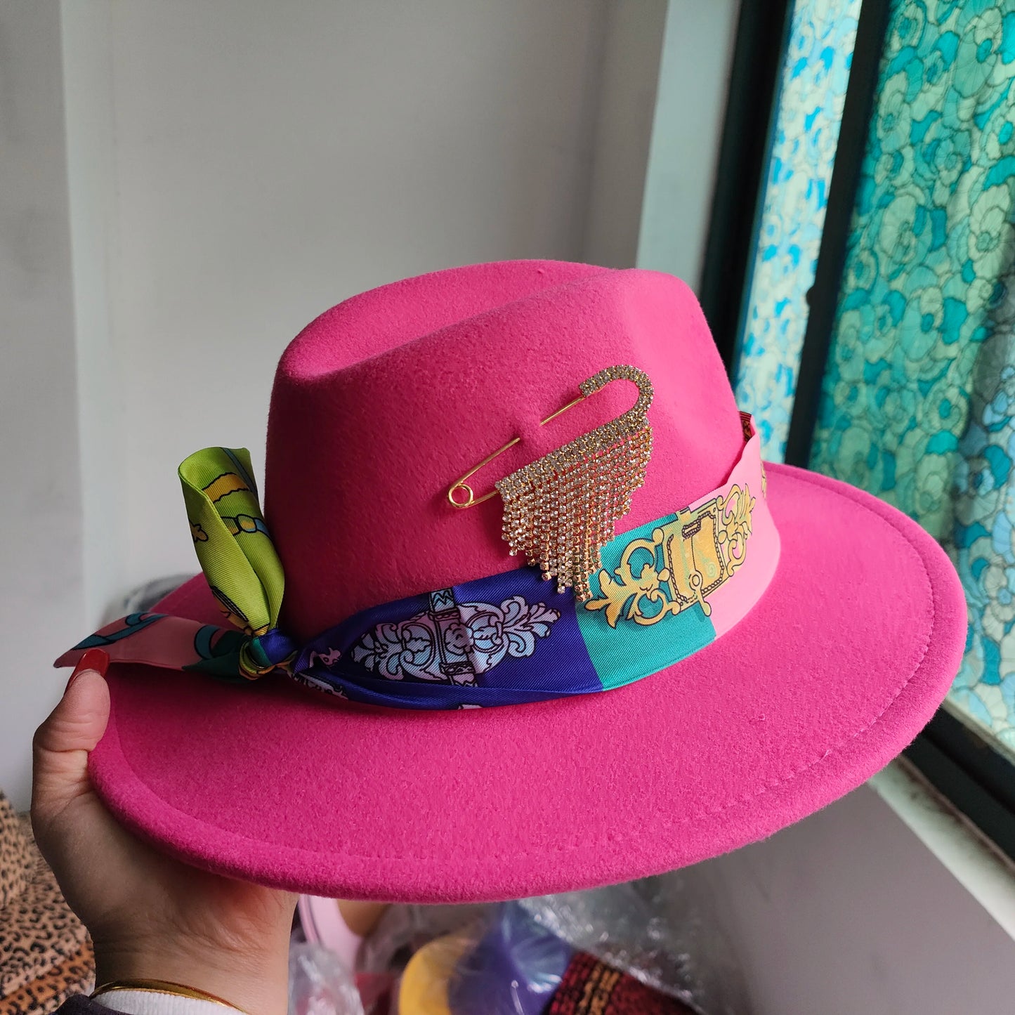 Cartoon Metal Patch Pink Fedora Hat