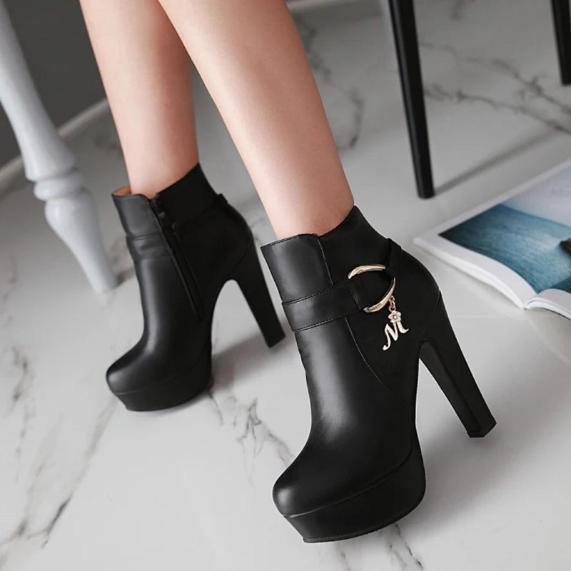 Gold Metal Belt Buckle Side Zipper Super High Thick Heel Short Boots Short Plush Lining Simple Fashion Women's Boots