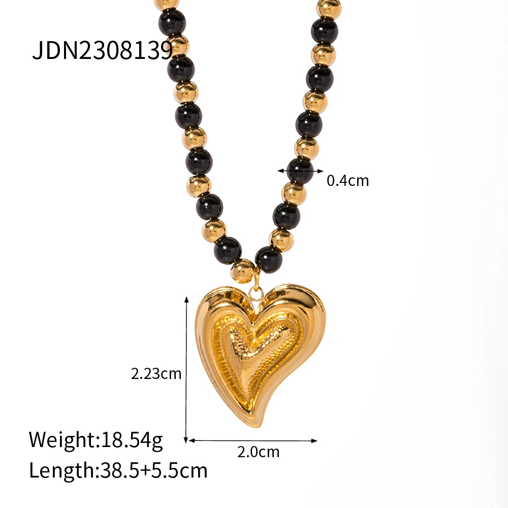 Youthway Half Solid Heart Shaped Pendant Black Agate Beaded Stainless Steel Necklace Personalized Jewelry for Women