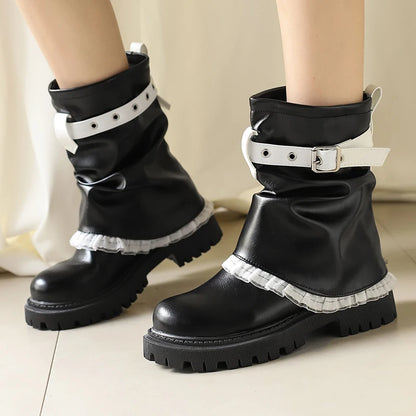 Denim Fabric Upper With Lace Edges Calf Metal Belt Buckle Thick Sole Sponge Heel Short Boots Soft PU Platform Increasing Boots