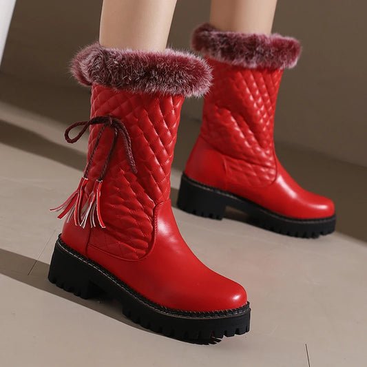 Tassel Lace Up Decal Checkerboard PU Splicing Fur Slip On Women's Mid Calf Boots Thick Sole Thick Heel Height Snow Boots