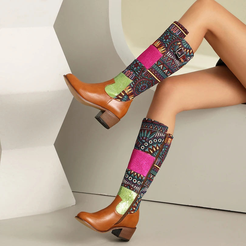 Plus Size Ethnic Style Printed Fabric Patchwork PU Women's Knee High Boots With Color Blocked Geometric Patterns Breathable Boot