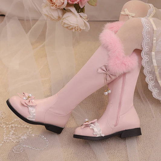 Pleated Lace Metal Chain Pearl Decoration Thick Sole Flat Heel Knee High Boots Bow Tie Faux Fur Side Zipper Lolita Girls' Shoes