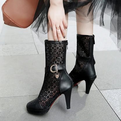 Plus Size Lace Mesh Patchwork PU Hollow Breathable Sexy Women's Mid-Calf Boots With Metal Buckle Back Zipper Summer Boots