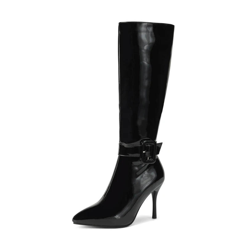 Plus Size Glossy Patent Leather Pointed Toe Ultra-High Slim Heels Sexy Knee High Boots Ankle Strap Buckle Winter Long Boots