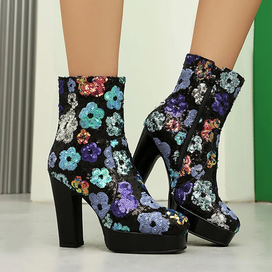 Colorful Flower Printed Microfiber Upper Platform Ultra-High Thick Heel Breathable Short Boots Square Toe Side Zipper Boots