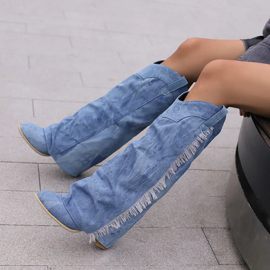 Plus Size Washed Denim Material With Cuffed Fashion Western Boots Side Fringe Wood Grain Thick Heels Slip-On Trend Knee Boots