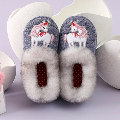 Evshine Children Winter Warm Plush Cotton Shoes Lovely Animals Fur Fuzzy Home Slippers Indoor Anti-slip Comfortable Furry Slides