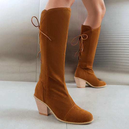 Frosted Flock Cross Lace Up Ultra High Wood Grain Thick Heel Vintage Knee Length Boots Winter Warm Comfortable Women's Boots