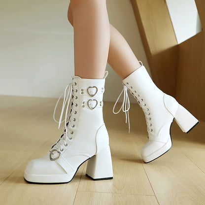 Plus Size Heart-Shaped Metal Buckle Rivet Strap Mid-Tube Boots Square Toe Platform Super Irregular Thick Heel Warm Lace-Up Boots