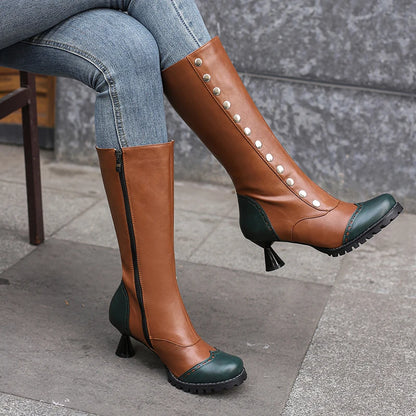 Plus Size Shaped Wine Cup Heel Side Zipper Colored Women's Knee Length Boots Round Metal Rivets Novelty Sweet Knight Boots