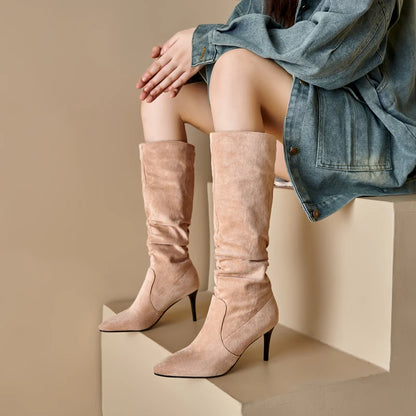 Plus Size Pleated Flock Pointed Ultra High Slim Heel Women's Knee High Boots With Short Plush Lining Slip-On Concise Style Boots