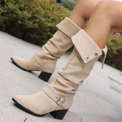 Plus Size Flipped Rivet Ankle Metal Buckle Retro Knight Boots Pointed Toe Thick Heel Frosted Velvet Material Knee High Boots