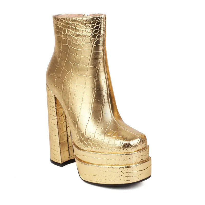 Crocodile PU Skin Leather Gold Silver Square Toe Zip Up Women Ankle Chelsea Boots Block High Heels Platform Concise Shiny Shoes