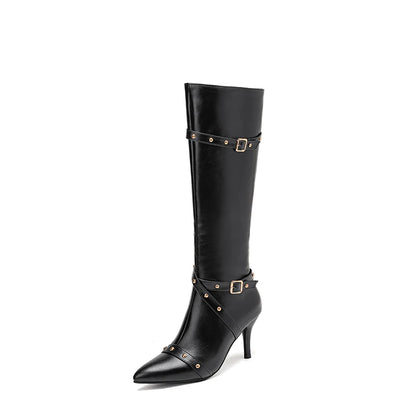 Cross Metal Belt Buckle Rivet Thin Strap Side Zipper Pointed Tip Ultra-High Thin Heel Breathable Sexy Women's Knight Boots