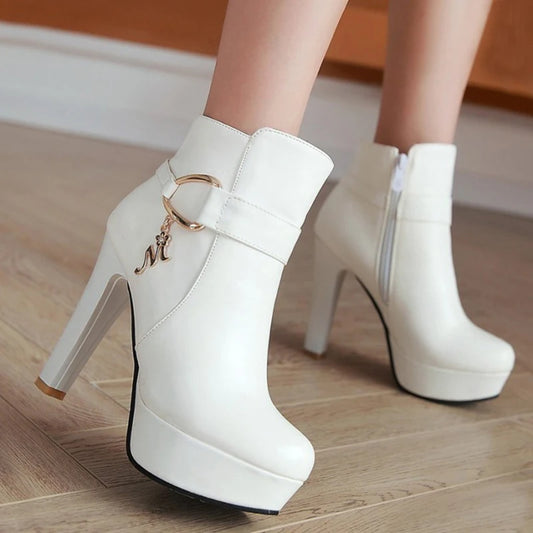 Gold Metal Belt Buckle Side Zipper Super High Thick Heel Short Boots Short Plush Lining Simple Fashion Women's Boots