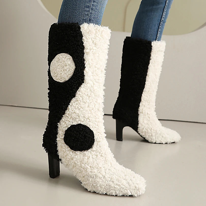 Plus Size Lamb Fur Color Blocked Circular Pattern Irregular Thick Heel Slip On Mid Length Boots Plush Lining Winter Snow Boots