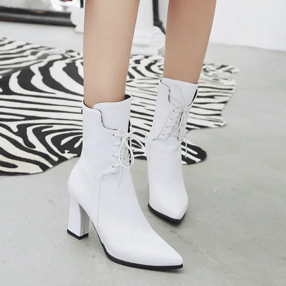 Plus Size Pointed High Thick Heel Lace Up Women's Mid Length Boots With Short Plush Lining Concise Style Winter New Boots