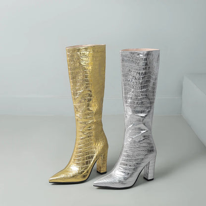 Plus Size Shiny Metallic Pointed Toe Super High Thick Heels Sexy Boots With Stone Stripes Thick Plush Lining Knee High Boots