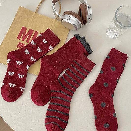 New Red Lace Stripe Women Socks Cotton Middle Tube Autumn Winter Bowknot Designer Socks Ins Harajuku  Kawaii Cute Socks