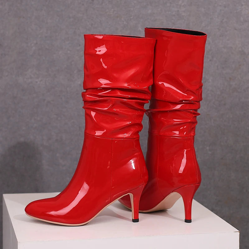 New Sexy Patent Leather Pleated Ankle Boots Ladies Winter