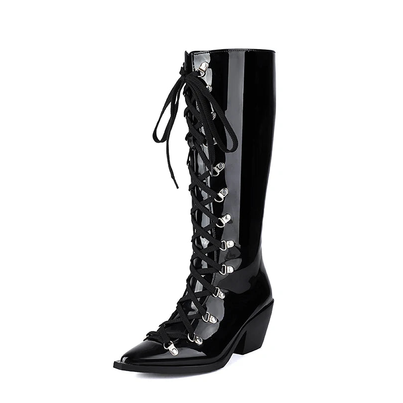 Plus Size Shiny Patent Leather Conical Wood Grain Thick Heel Pointed Cross Tie Punk Style Knee High Boots Plush Inner Boots