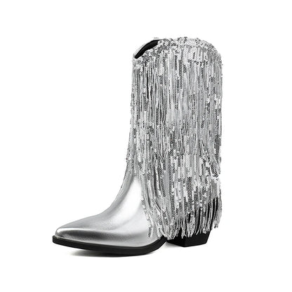 Sharp Pointed Thick Heel Super Fiber PU Shiny Tassel Autumn Women's Boots Slip On Bling Bling Thin Stripe Tassel Mid-Calf Boots