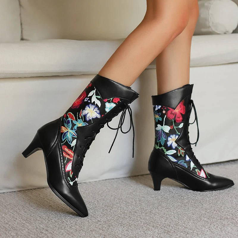 Plus Size Pointed Kitten Heel Printed Women's Mid-Calf Boots Embroidered With Flower Ties Short Plush Lining Ethnic Style Boots