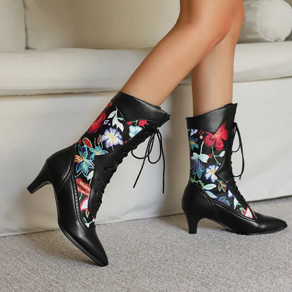 Plus Size Pointed Kitten Heel Printed Women's Mid-Calf Boots Embroidered With Flower Ties Short Plush Lining Ethnic Style Boots