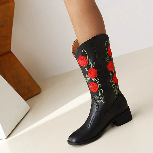 Plus Size Square Toe Thick Heel Retro Embroidered Boots With Short Plush Lining Rose Embroidered Women's Mid-Calf Boots