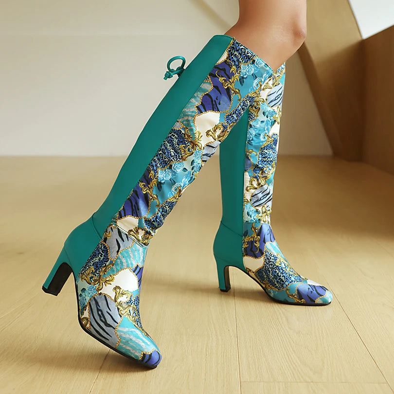 PU Splicing Printed Fabric Round Toe Irregular Square Heel Color Blocked Bow High Tube Fabric Lining Warm Knee High Boots