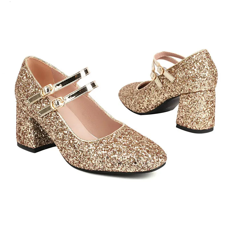 Sequin Gold Silver Glitter Women Square Chunky High Heeled Shoes Bling Party Wedding Woman Pumps Big Size 33-48 Mary Janes Heels