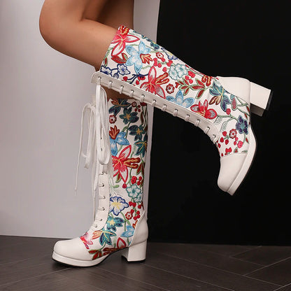 Cross Lace Up Printing Fashion Sweet Women's Knee Length Boots Embroidered Flower Thick Heel Waterproof Platform Winter Boots