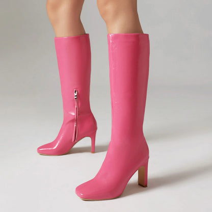 2024 Plus Size Ultra High Contoured Flat Heels Concise Women's Knee Boots Square Toe Side Zippers Candy Colored Sweet Cute Boot