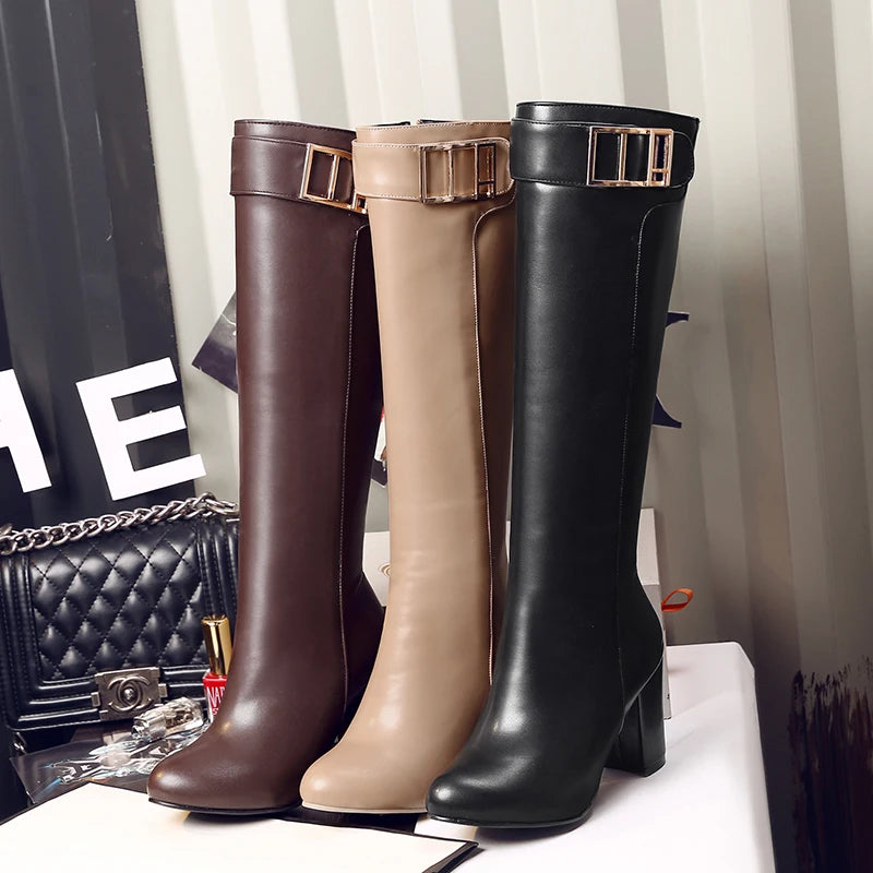 Plus Size Metal Belt Buckle Decorative Round Toe Thick Heel Knee High Boots Soft Surface PU Side Zipper Women's Boots