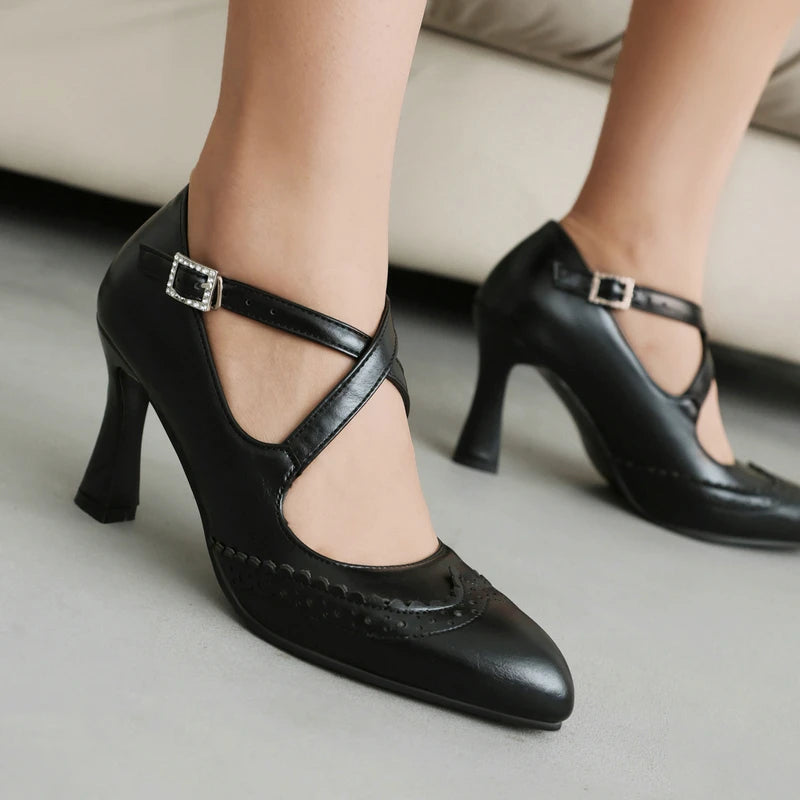 Vintage Retro Brogue Design Women's Shoes Cross-strap Buckle Ladies Thin High Heels Shoes Spring Fall Pumps Mary Janes Stiletto