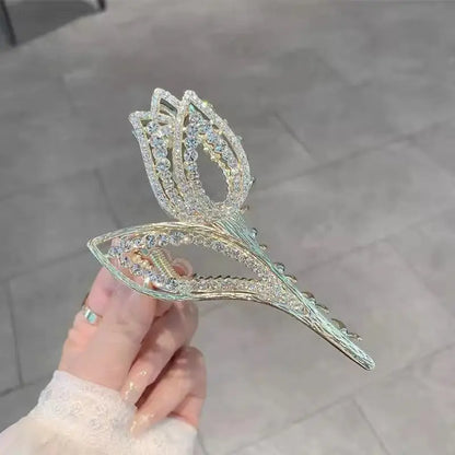 Korean Fashion Tulip Pearl Rhinestone Hair Claw Clip Alloy Elegant Hair Clip Claw Clamp Headwear Girls Women Hair Accessories