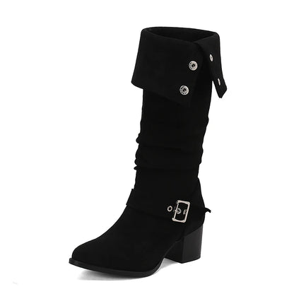 Plus Size Flipped Rivet Ankle Metal Buckle Retro Knight Boots Pointed Toe Thick Heel Frosted Velvet Material Knee High Boots