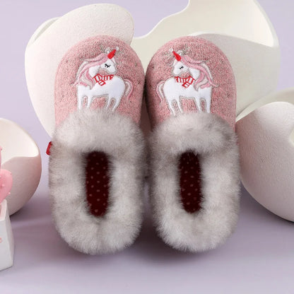 Evshine Children Winter Warm Plush Cotton Shoes Lovely Animals Fur Fuzzy Home Slippers Indoor Anti-slip Comfortable Furry Slides