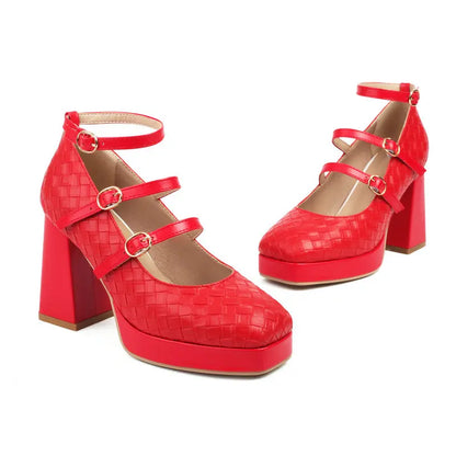 Plaid Red Pink Closed Toe Spring Ladies Shoes Block High Heels Women Pumps Bg Size 46 47 48 Buckle Belt Mary Janes Platform Heel