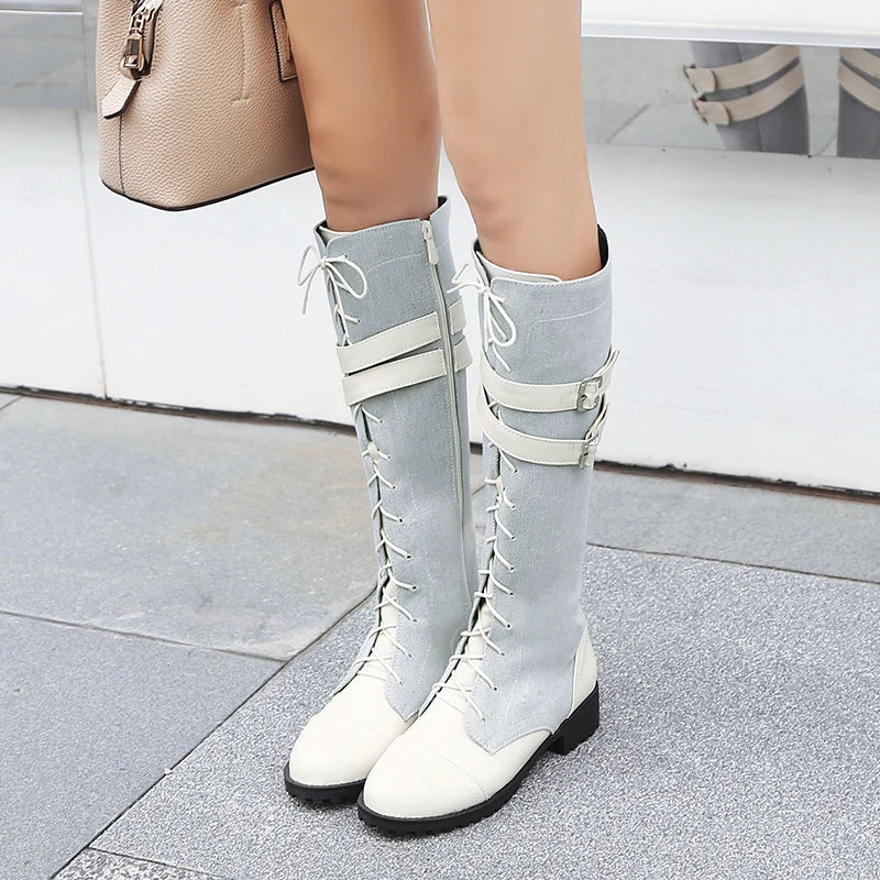 Plus Size Denim Stitched PU Women's Low Heel Knee Boots Cross Lace Calf Double Breasted Buckle Side Zip Plush Lining Women's Boo