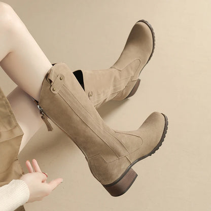 Plus Size Comfortable Matte Suede Boot Sleeve Khaki Western Boots Wood Grain Thick Heel Side Zipper Breathable Inner Knee Boots